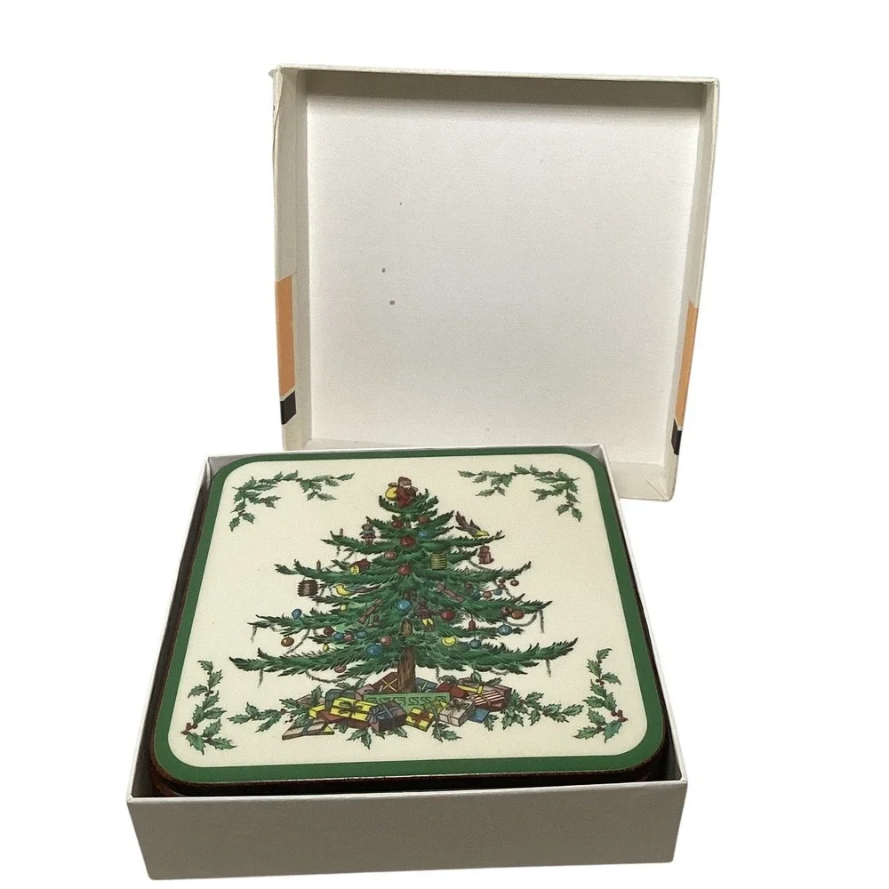 Pimpernel Spode Christmas Tree Coasters Set of 6 Cork Backed Made in England Box